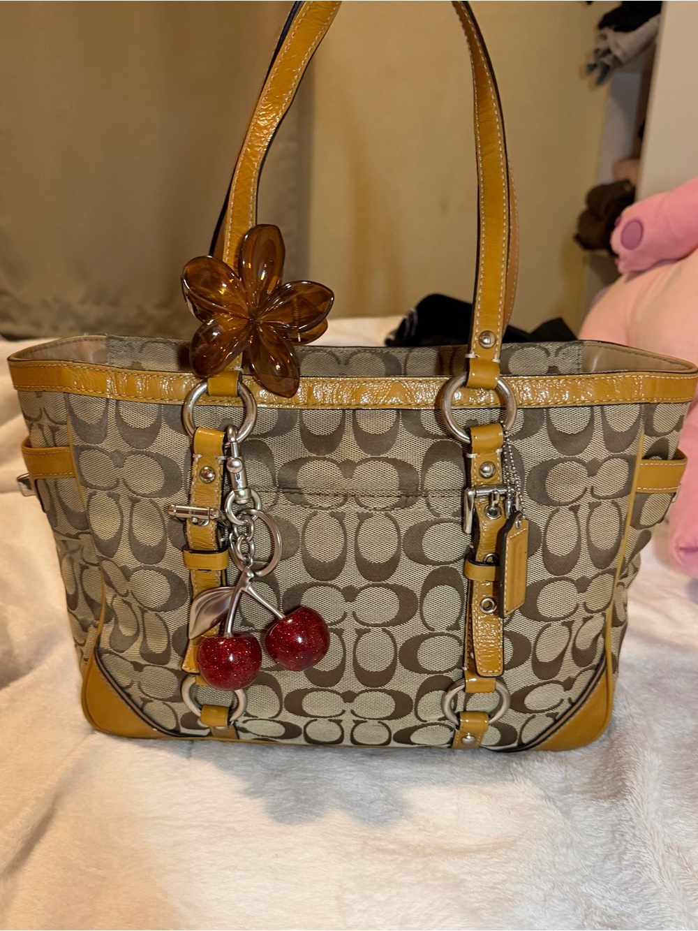 Mustard yellow and brown coach shoulder bag